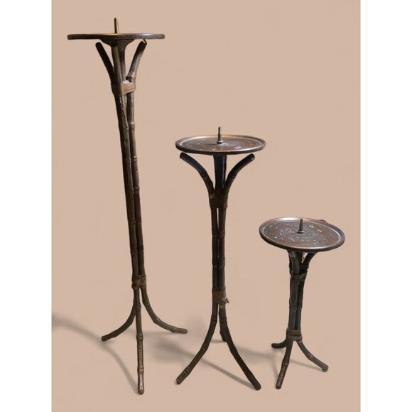 Set 3 MCM bamboo brass candle Holders Staggered Vintage decor - Picture 1 of 7